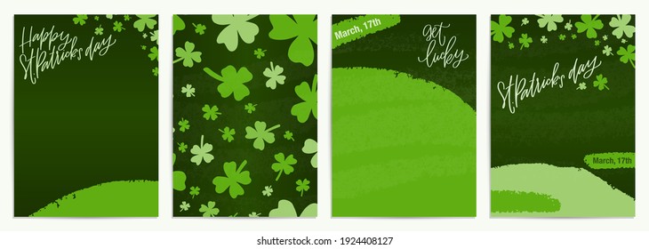 Saint Patrick’s day vector flyer template. Modern abstract green background set for advertisement or social media materials with shamrock clipart.