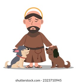 Saint Francis of Assisi with dogs, vector illustration.