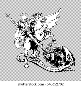 Saint George on horseback with spear slaying the dragon. Vector illustration