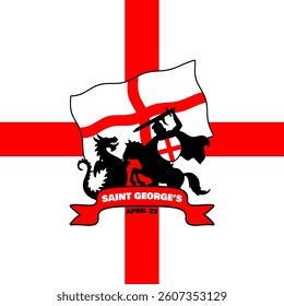 Saint George's Day to celebrate on April 23rd. Illustration of a silhouette of a knight fighting a dragon with the flag of England on white background.