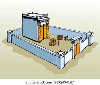 Saint gold Herod house pillar fence gate king offer lord fire male ram cow ox sheep lamb gift hill white sky. Line hand drawn Judaic torah law mountain ritual st. David home sign icon sketch art style