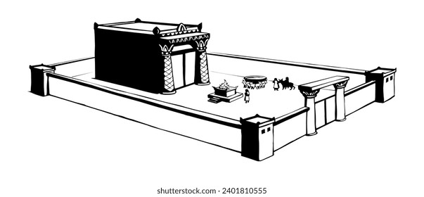 Saint gold Herod house pillar fence gate king offer lord fire male ram cow ox sheep lamb gift hill white sky. Line hand drawn Judaic torah law mountain ritual st. David home sign icon sketch art style