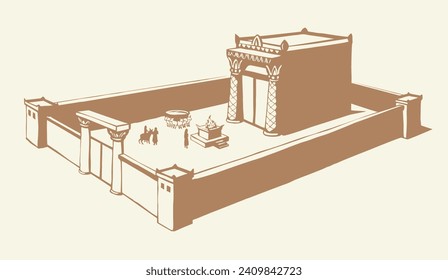 Saint gold Herod house pillar fence gate king offer lord fire male ram cow ox sheep lamb gift hill white sky. Line hand drawn Judaic torah law mountain ritual st. David home sign icon sketch art style