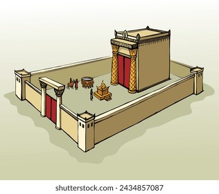 Saint gold Herod house pillar fence gate king offer lord fire male ram cow ox sheep lamb gift hill white sky. Line hand drawn Judaic torah law mountain ritual st. David home sign icon sketch art style