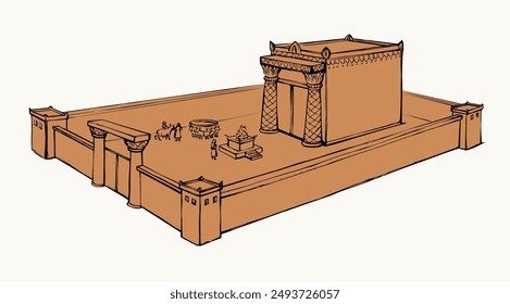 Saint gold Herod house pillar fence gate king offer lord fire male ram cow ox sheep lamb gift hill white sky. Line hand drawn Judaic torah law mountain ritual st. David home sign icon sketch art style