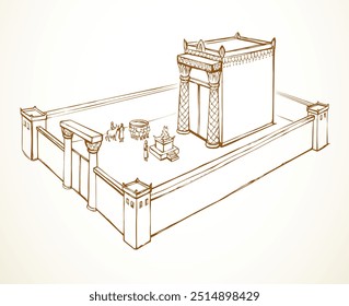 Santo ouro Herodes casa pilar cerca portão rei oferecer lorde fogo machos carneiro vaca ovelha cordeiro presente colina céu branco. Linha mão desenhada judaica torá lei montanha ritual st. David home sign ícone esboço arte estilo