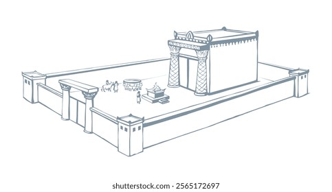 Saint gold Herod house pillar fence gate king offer lord fire male ram cow ox sheep lamb gift hill white sky. Line hand drawn Judaic torah law mountain ritual st. David home sign icon sketch art style