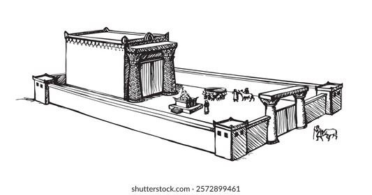 Saint gold Herod house pillar fence gate king offer lord fire male ram cow ox sheep lamb gift hill white sky. Line hand drawn Judaic torah law mountain ritual st. David home sign icon sketch art style