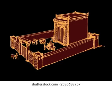 Saint gold Herod house pillar fence gate king offer lord fire male ram cow ox sheep lamb gift hill white sky. Line hand drawn Judaic torah law mountain ritual st. David home sign icon sketch art style