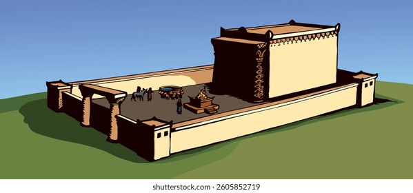 Saint gold Herod house pillar fence gate king offer lord fire male ram cow ox sheep lamb gift hill white sky. Line hand drawn Judaic torah law mountain ritual st. David home sign icon sketch art style