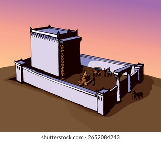 Santo ouro Herodes casa pilar cerca portão rei oferecer lorde fogo machos carneiro vaca ovelha cordeiro presente colina céu branco. Linha mão desenhada judaica torá lei montanha ritual st. David home sign ícone esboço arte estilo