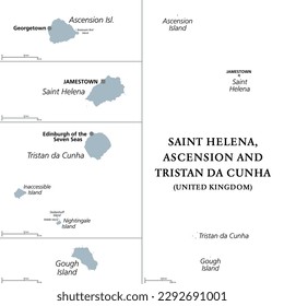 Saint Helena, Ascension and Tristan da Cunha, gray political map. British Overseas Territory in the South Atlantic, capital Jamestown. Saint Helena, Ascension, Tristan da Cunha archipelago, and Gough.