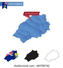 Saint Helena blue Low Poly map with capital Jamestown, versions with flag, black and outline. Vector Illustration.