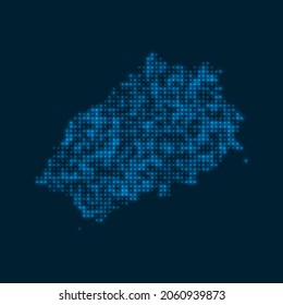 Mapa brillante de puntos de Santa Elena. Forma de la isla con bombillas azules brillantes. Ilustración vectorial.