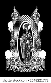 Saint Helena. Illustration with angels and seraphim in heaven black and white in Byzantine style