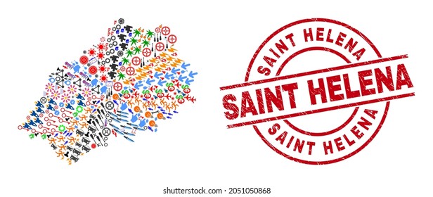 Saint Helena Island map collage and Saint Helena red circle stamp. Saint Helena stamp uses vector lines and arcs. Saint Helena Island map mosaic contains markers, homes, wrenches, bugs, hands,