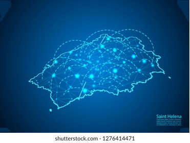 Saint Helena map with nodes linked by lines. concept of global communication and business. Dark Saint Helena map created from white dots with travel locations or internet connection.