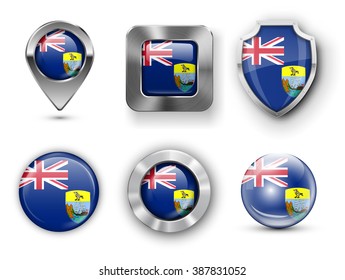 Saint Helena Metal and Glass Flag Badges, Buttons, Map marker pin and Shields. Vector illustrations