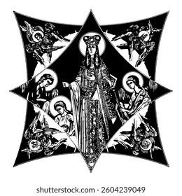 Saint Helena on cross dome with 4 apostles, angels and seraphim. Ink illustration black and white in Byzantine style isolated