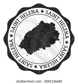 Saint Helena outdoor stamp. Round sticker with a map of the island featuring topographic isolines. Vector illustration. Can be used as an insignia, logotype, label, sticker, or badge of Saint Helena.