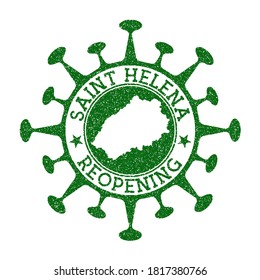 Saint Helena Reopening Stamp. Green round badge of island with map of Saint Helena. Island opening after lockdown. Vector illustration.