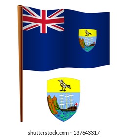 saint helena wavy flag and coat of arm against white background, vector art illustration, image contains transparency