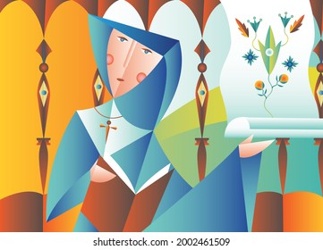 Saint Hildegard of Bingen German Benedictine abbess, vector illustration