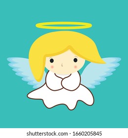 Saint Holy Angel in white dress with halo and yellow hair on green background stock vector illustration