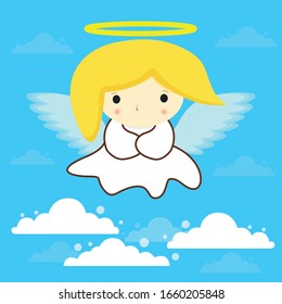 Saint Holy Angel in white dress with halo and yellow hair in clouds on blue sky background stock vector illustration