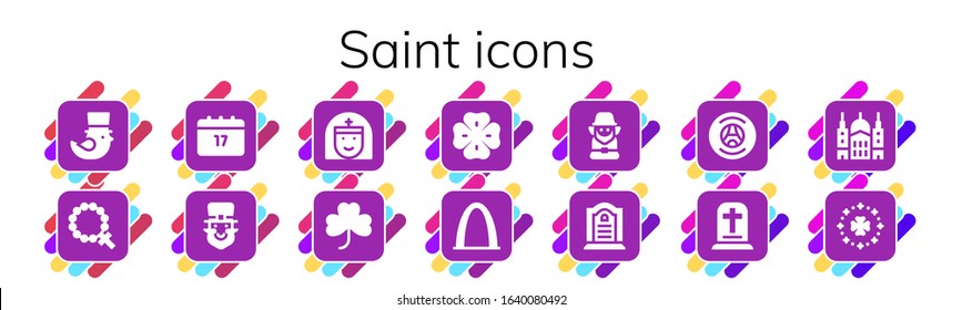 saint icon set. 14 filled saint icons.  Simple modern icons such as: Saint Patrick, Rosary, Leprechaun, Nun, Clover, Gateway arch, Tombstone, Paris germain, Gravestone, paul