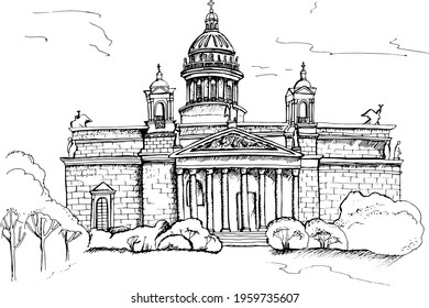 Saint Isaac Cathedral and the Monument to Emperor Nicholas I in Saint Petersburg, Russia. Sketch by hand. Vector illustration.