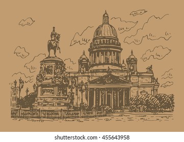 Saint Isaac Cathedral and the Monument to Emperor Nicholas I, in St. Petersburg, Russia. Sketch by hand. Vector illustration. 