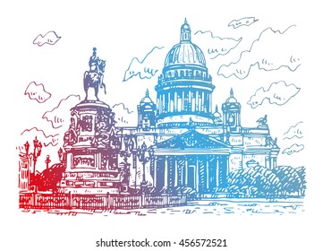 Saint Isaac Cathedral and the Monument to Emperor Nicholas I in Saint Petersburg, Russia. Sketch by hand. Vector illustration. 