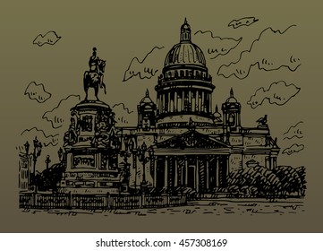 Saint Isaac Cathedral and the Monument to Emperor Nicholas I in Saint Petersburg, Russia. Sketch by hand. Vector illustration. 
