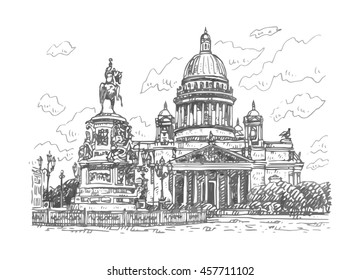 Saint Isaac Cathedral and the Monument to Emperor Nicholas I in Saint Petersburg, Russia. Sketch by hand. Vector illustration. 