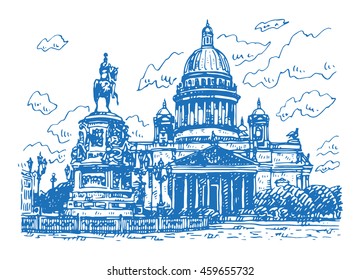 Saint Isaac Cathedral and the Monument to Emperor Nicholas I in Saint Petersburg, Russia. Sketch by hand. Vector illustration. 