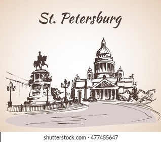 Saint Isaac Cathedral and the Monument to Emperor Nicholas I in Saint Petersburg, Russia. Sketch by hand. Vector illustration. 