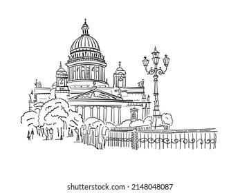 Saint Isaac Cathedral of Saint Petersburg landmark, Russia. Sketch for your design. Colouring page