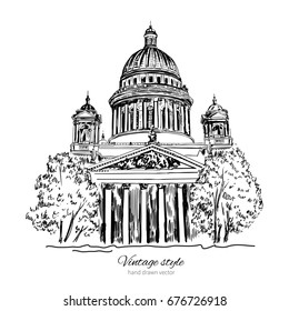 Saint Isaac's Cathedral or Isaakievsky Cathedral of Saint Petersburg landmark, Russia, hand drawn engraving vector illustration isolated on white, vintage style ink sketch building for touristic card