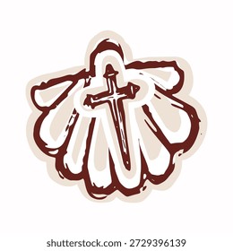 Saint James way pilgrims shell with santiago cross. Hand drawn isolated vectori design for pilgrimage travel clipart. European patron saint of spain symbol for camino de compostela