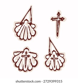 Saint James way pilgrims shell with santiago cross. Hand drawn isolated vectori design for pilgrimage travel clipart. European patron saint of spain symbol for camino de compostela set