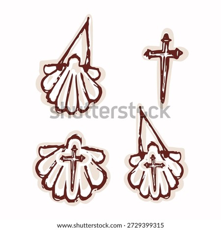 Saint James way pilgrims shell with santiago cross. Hand drawn isolated vectori design for pilgrimage travel clipart. European patron saint of spain symbol for camino de compostela set