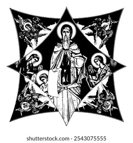 Saint Joanikije of Devic on cross dome with 4 apostles, angels and seraphim. Ink illustration black and white in Byzantine style isolated