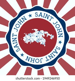 Saint John Badge. Round logo of island with triangular mesh map and radial rays. EPS10 Vector.