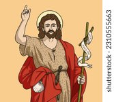 Saint John the Baptist Adult Colored Vector Illustration. Translation of the Latin text: Behold the Lamb of God