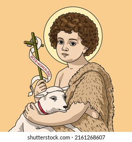 Saint John The Baptist Child Colored Vector Illustration. Translation Of The Latin Text: Behold The Lamb Of God