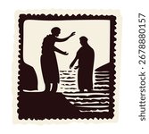 Saint John the Baptist standing by the river Jordan to baptize Jesus. Black and white bible study for scripture Mathhew 3 verse. Hand drawn in vector frame