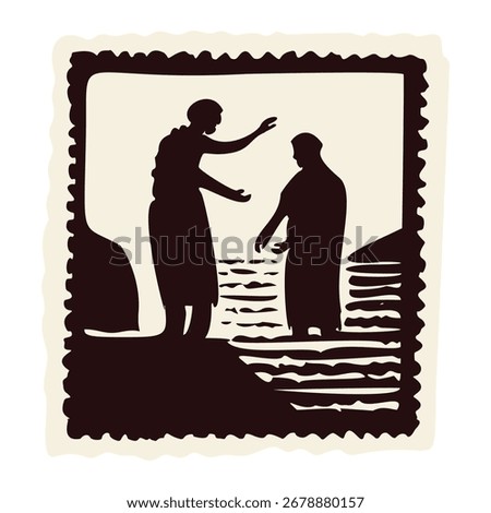 Saint John the Baptist standing by the river Jordan to baptize Jesus. Black and white bible study for scripture Mathhew 3 verse. Hand drawn in vector frame