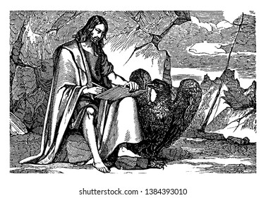 Saint John the Evangelist sitting on a rock and writing something on a writing tablet in his lap, vintage line drawing or engraving illustration.