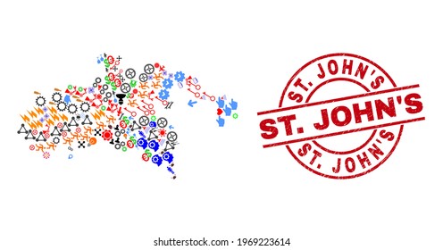 Mosaico cartográfico de la isla de San Juan y placa arañada del círculo rojo de San Juan. La insignia de San Juan utiliza líneas vectoriales y arcos. El collage de mapas de la Isla de San Juan contiene cascos, casas, duchas, bichos, manos,